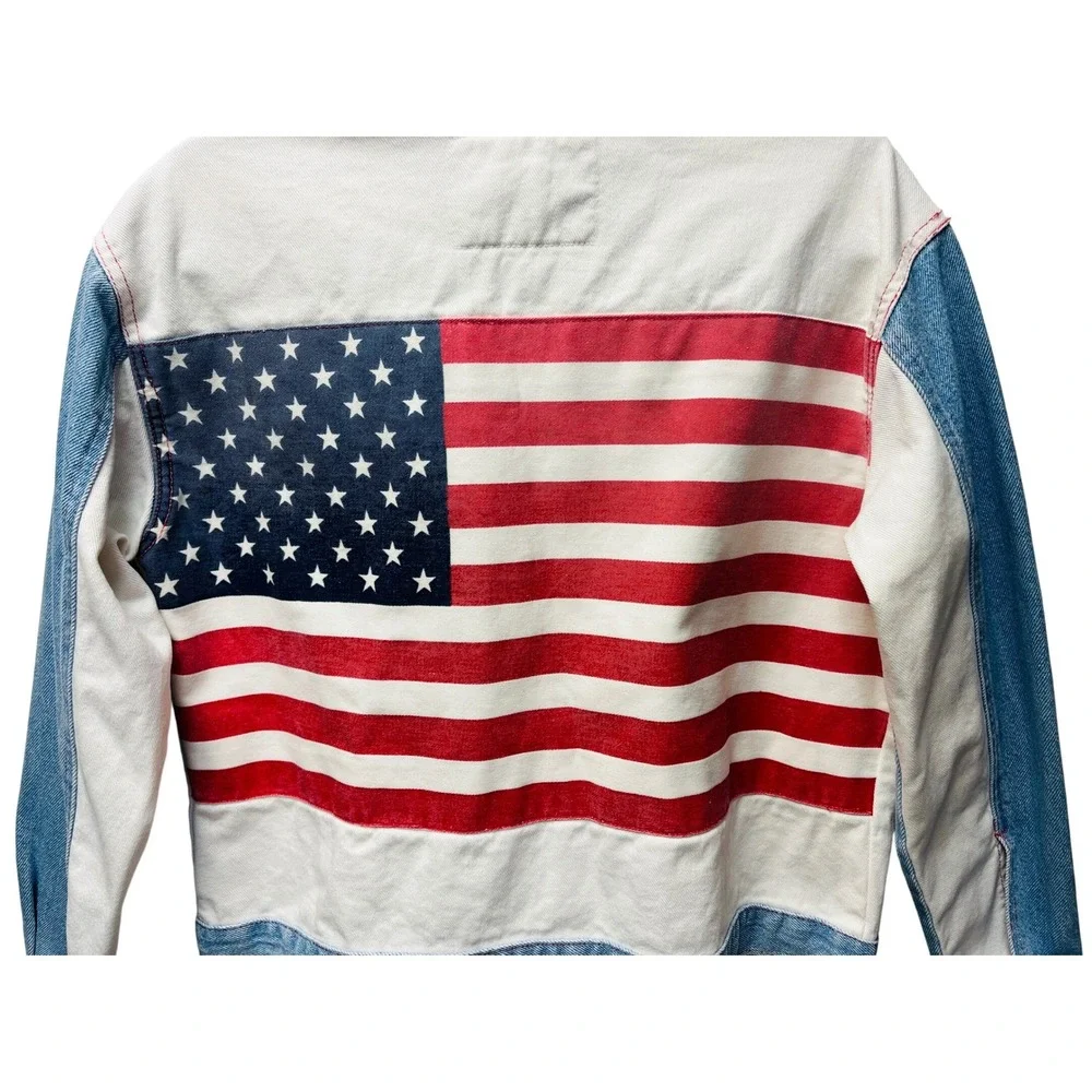 Fuse Paris M Denim Bomber Jacket USA Flag‎ Stars Stripes Trucker Moto VTG Unisex